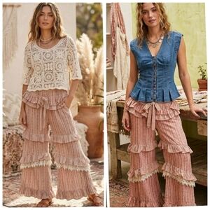 Ruffled Boho Wide-Leg Pants in Dusty Peach Rose